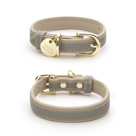 Nina Woof London Vegan Leather Dog Collar - Luxury Cute Dog Collar Adjustable Buckle Collar for Dogs, Dog Collar for Small Dogs to Dog Collar for Large Dogs - Padded Grey Over Beige, Extra Small
