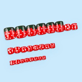 24Pcd Strawberry Press on Toe Nail Short Square Fake Nails Acrylic Toenail Glue on Red Full Cover Toenails Press ons with White Dots Designs Green Toenail Stick on for Women Girls Summer Art Style