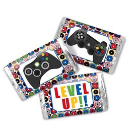 Game On! Video Gamer Birthday Party Mini Chocolate Candy Bar Sticker Wrappers for Kids, 45 1.4" x 2.6" Wrap Around Labels by AmandaCreation, Great for Party Favors