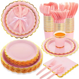 Ziliny 350 Pcs Light Pink and Gold Foil Plates and Napkins, 50 Guest Spring Party Supplies Include Gold Foil Scalloped Paper Plates Napkins Cups Plastic Spoons Forks Knives for Birthday Baby Shower
