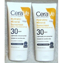 Cerave LOT OF 2 CERAVE HYDRATING MINERAL SUNSCREEN BODY LOTION SPF 30 ~ 5 oz. CERAMIDES