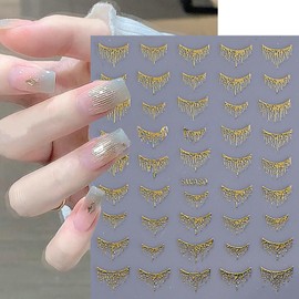 HYWWPFLAY 4 Sheets French Nail Art Stickers, Self - Adhesive 3D French Stripes Line Nail Stickers (Silver Gold), Laser Gradient Crown Tassel Design Nail Decals for Women Girls DIY Nails Art Supplies