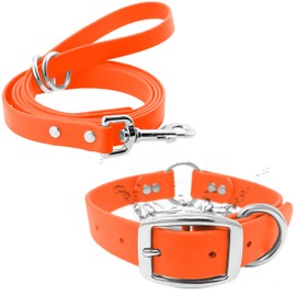 Regal Dog Products Large Orange Waterproof Dog Collar and Leash Set - Vinyl Coated Biothane Pet Training Collar with Heavy Duty Center Ring & 5'ft Leash - Other Sizes for Puppy, Small & Medium Dogs