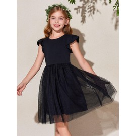 Haloumoning Girls Tutu Dress Ruffle Short Sleeve Fluffy Summer Party Tulle Dress for Kids 5-14Y Black