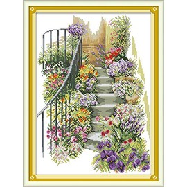 WOWDECOR Cross Stitch Embroidery Kits for Adults Kids, Colorful Flowers Stairs 11CT Stamped DIY DMC Needlework Easy Beginners