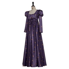 Regency Empire Dress Jane Austen Vintage High Waistline Tea Party Ball Gown Purple Floral Puffy Sleeve Dress-S