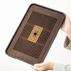 CHANJOON 14" Bamboo Chinese Kung Fu Tea Tray with Water Storage Bamboo Tray for Kung Fu Teaware (Fu -Black)