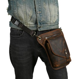 Handadsume Water Resistant Canvas + Leather Motorcycle Fanny Waist Pack One Shoulder Drop Leg Thigh Bag For Men Women FB211-6 (211-6 Brown)