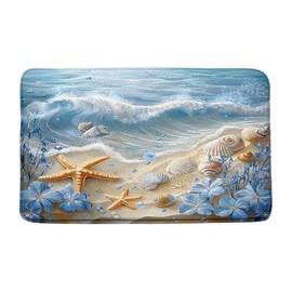 VPUPCN Nautical Coastal Bath Mat Beach Starfish Seashell Blue Flower Ocean Waves Marine Life Modern Microfiber Memory Foam Bathroom Rug Doormat Kitchen Toilet Floor Rug