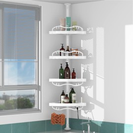 COCONUT Shower Caddy Tension Pole, 54-114 Inch Rustproof Corner Shower Caddy 4 Tier Adjustable Plastic Shelves for Bathtub Drill Free Shower Organizer Quick Installation Bathroom Storage Rack