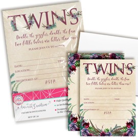 Rustic Boho Watercolor Succulents, Pine, and Feathers Baby Sprinkle Baby Shower Invitations for Twins, 20 5"x7" Fill In Cards with Twenty White Envelopes by AmandaCreation