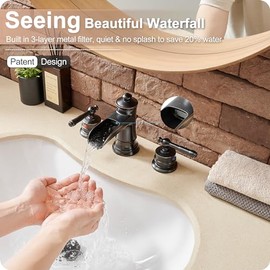 Oil Rubbed Bronze Bathroom Faucet, Brass Waterfall Faucet Widespread Bathroom Sink Faucet 3 Hole, 4-16 Inch Bathroom Faucets with Pop Up Drain 2 Handle & Supply Hose for Hotel Farmhouse Antique