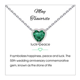 Qings Birthstone Heart Necklaces, 925 Sterling Silver May Birthstone Pendant Necklace, Adjustable Chain Gift Box, 12 Months Jewellery for Women Valentines Gift for Her Wife Girls Birthday Wedding