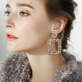 Flyonce Drop Dangle Chandelier Earrings Costume Jewelry Rhinestone Crystal Open Square Statement for Women Banquet Clear AB Gold-Tone
