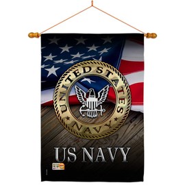 HS137035-BO-03 US Navy Americana Military Veteran Decorative Gift Vertical 28" x 40" Double Sided House Flag Set Wood Dowel with String Hardware Made in USA