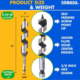 SOMADA 1-Inch x 8-Inch Auger Drill Bit for Wood, Hex Shank 3/8-Inch One Piece, Ship Auger Long Drill Bit for Soft and Hard Wood, Plastic, Drywall and Composite Materials