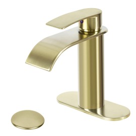 M OUDEMEI Single Handle Waterfall Spout Bathroom Sink Faucet with Pop Up Drain, 4 Inch Centerset Vanity Faucet, Lavatory Faucet with Deck Plate for 1 OR 3 Hole Easy Installation (Brushed Gold)