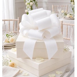 1PC White Large Waterproof Pull Bow for Gift Wrapping, 14 Inch Big Glitter Ribbon Bow for Baby Baptism, Elegant Wedding Bow for Bridal Showers, Hanukkah, Church Pews, Presents (White)