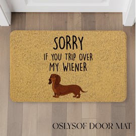 OSLYSOF Funny Dachshund Dog Door Mat, Sorry If You Trip Over My Wiener Doormat for Front Door Indoor Outdoor Porch Entrance Entryway, Dachshund Dog Welcome Mat Outside, 17x30 Inches