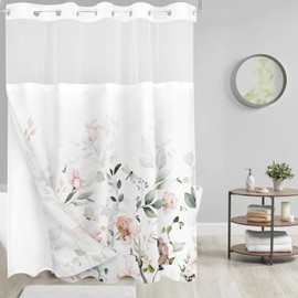 Tititex No Hooks Snap in Liner Aesthetic Blooming White Flowers Pink Bird Shower Curtain Sets, Hotel Luxury Double Layers Waterproof Fabric & See-Through Top Window Bathroom Decorative 72x84 Inch