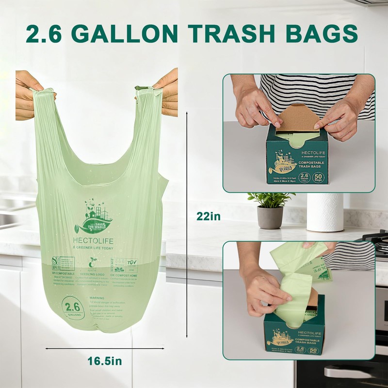 HECTOLIFE 2.6 Gallon 100 Count,Compostable Bags Handle Tie,Tear Resistant Kitchen