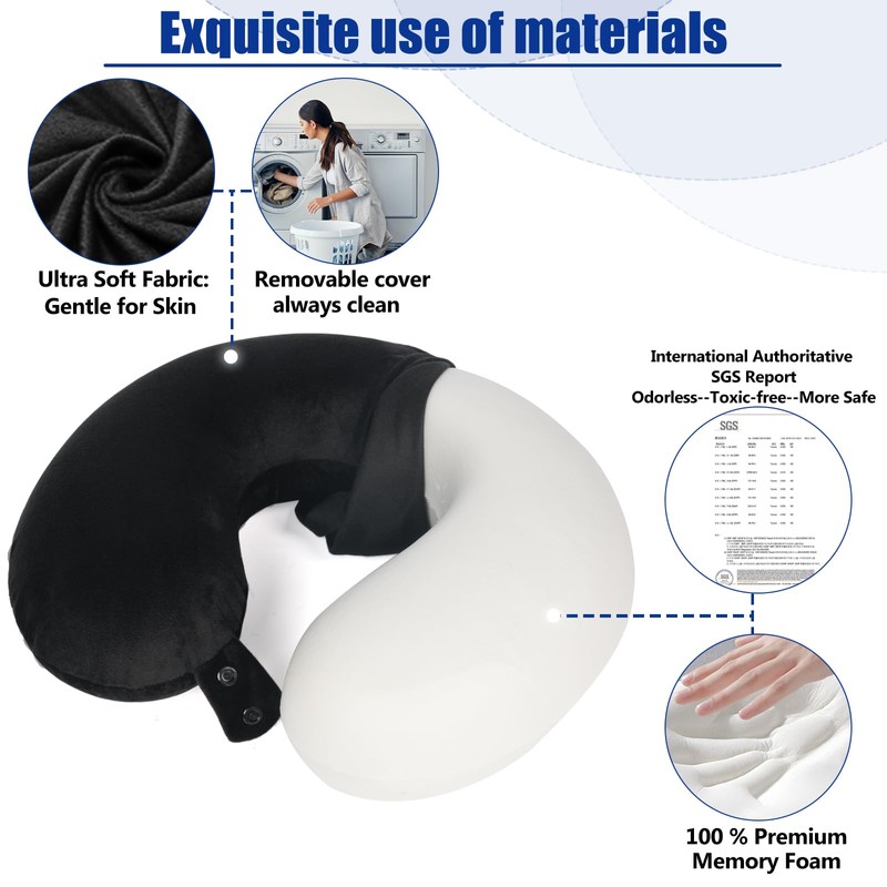 SAIREIDER Neck Pillows for Travel 100% Memory Foam Adjustable Travel