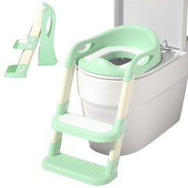 Potty Training Seat with Ladder Adjustable Foldable Toilet with Splash Guard and Handles for Toddlers Non-Slip Potty Chair for Kids Toddler Toilet Seat with Step Stools (Green)