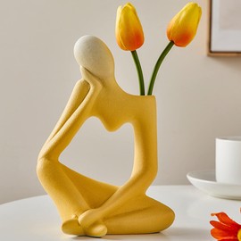 Arawat Denker Vase Decorative Living Room Modern Body Vases for Pampas Grass Aesthetic Vase Book Face Flower Vase Ceramic Book Tulip Vase Sculpture Decoration Modern Flower Vase Yellow 19 cm Nordic