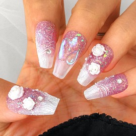 Sethexy Purple Handmade False Nails 3D Flowers Long Coffin False Nails Glitter Pearl Line False Nails Salon Durable Quality Nails for Women and Girls (#)