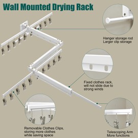 Hoimpro Clothes Drying Rack Retractable Wall Mounted, Tri-Fold Foldable Collapsible Laundry Drying Racks for Hanging Clothes, White
