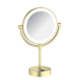 KIBI Circular Brushed Gold Finish Lighted Makeup Mirror with LED Lights and Magnification | 360-Degree Swivel with Adjustable Brightness, Dual-Sided Mirror for Desk with 5X Magnification (KMM104)