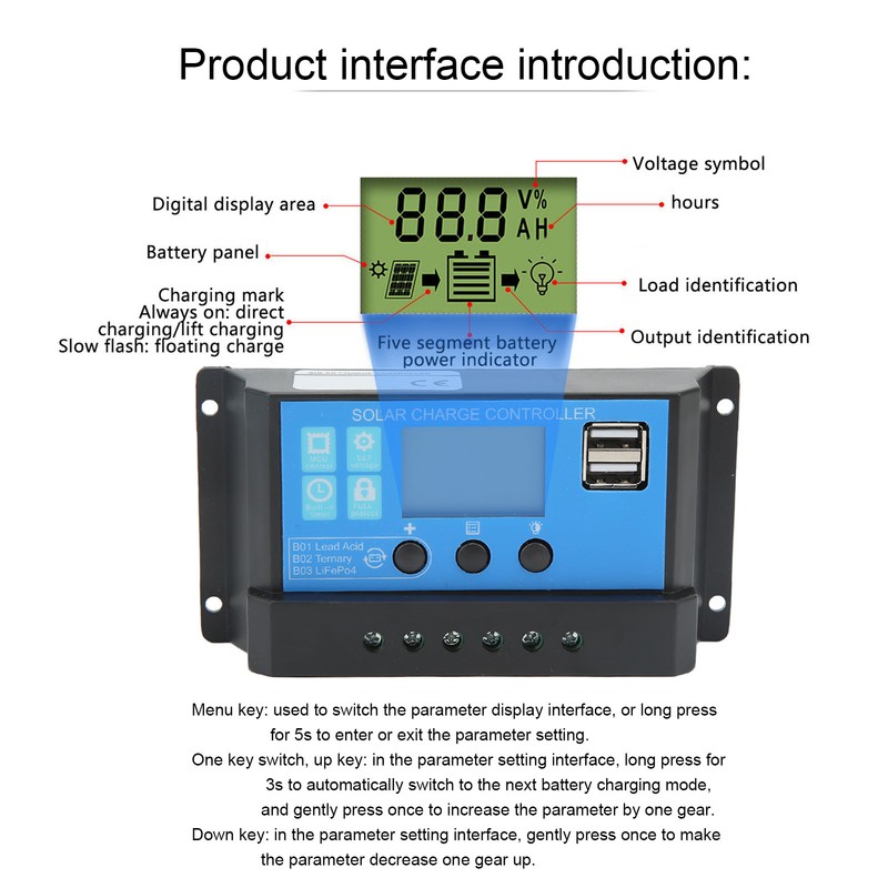 Solar Charge Controller With LCD Dual USB Industrial Master Chip