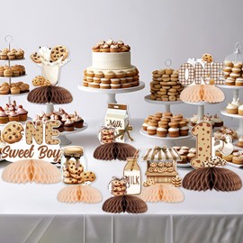 Funmemoir Milk and Cookies 1st Birthday Party Decorations - 8pcs One Sweet Boy Honeycomb Centerpieces, Doubles-Sided Printed Table Decorations for Boys First Birthday Decorations