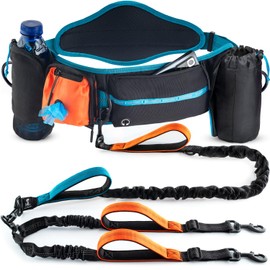 SparklyPets Double Bungee Waist 2 Dog Leash with Back Brace – Dual Dog Leash for Medium/Large Breeds – Running Belt Fanny Pack with Phone, Waste, Treat, and Bottle Pockets