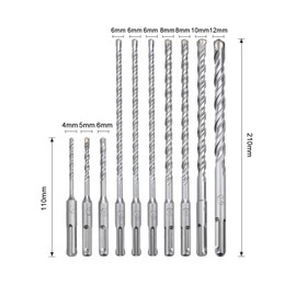 MOXPIFY SDS Plus Drill Bit Set Diameter 4.5.6 mm x 110 mm and Diameter 6, 6, 6, 8, 8, 10, 12 mm x 210 mm for Concrete and Masonry (10 Pieces)