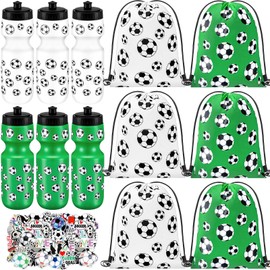 Skybooly 12 Pcs 24 Oz Soccer Water Bottle Bulk Drawstring Bag and 50 Sticker Set Include 6 Soccer Theme Squeeze Water Bottle 6 Drawstring Backpack for Team Gifts Sport Events Party Favors