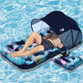 COOLCOOLDEE Inflatable Pool Float with UPF 50+ Sunshade Canopy,Extra Large Pool Lounger Float for Adult with Headrest,Cup Holder