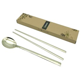 GARASANI Korean Traditional Spoon and Chopsticks Gold Titanium Plated Stainless Steel Cutlery (Gold Symmetry)