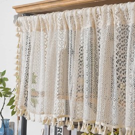 AMZALI Curtain Tiers, Lace Valance Window Topper Curtain with Tassels, Short Window Curtains for Cafe, Bathroom, Kitchen, Farmhouse, Bedroom Rod Pocket Curtains 1 Panel Beige