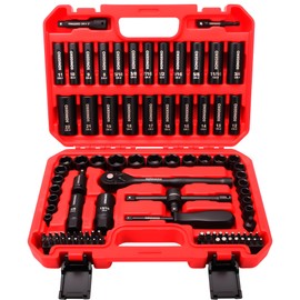 SONIGEKO Socket Set 3/8" Drive Impact 95-Piece 6 Point Deep, Standard SAE and Metric CR-V Steel Sockets with Drive Ratchet Handle (3/8" 95 PCS Socket Set,Metric and SAE)