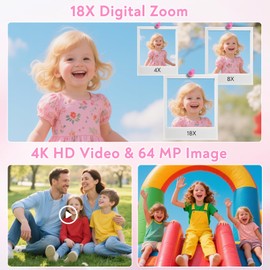 HERBYD Digitalkamera 4K Fotokamera 64MP Kamera Fotoapparat Tragbare Kompaktkamera mit 2,8" LCD Bildschirm, 18X Digitalzoom, 32GB SD Karte, 1 Schlüsselband für Kinder Teenager Anfänger (Rosa)