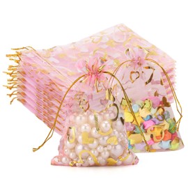 joycraft 50Pcs Valentine Organza Gift Bags, 4x6 Inch Pink Heart Organza Bags with Drawstring, Mesh Jewelry Organza Pouches, Sheer Organza Bags, Small Goodie Bags for Valentines, Wedding, Anniversary