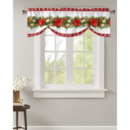 Tie Up Curtain Valance, Christmas Pine Branches Cones Poinsettia Red Flower Stripe Snowflake Short Rod Pocket Adjustable Window Curtains for Living Room, Bedroom, Kitchen, Bathroom, 1 Panel, 42" X 18"