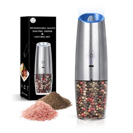 BELRIGO Rechargeable Salt And Pepper Grinder Set with LED Light, Automatic Electric Gravity Salt And Pepper Shakers Set, No Battery Needed, Adjustable Roughness, 1 Pack (Silver)