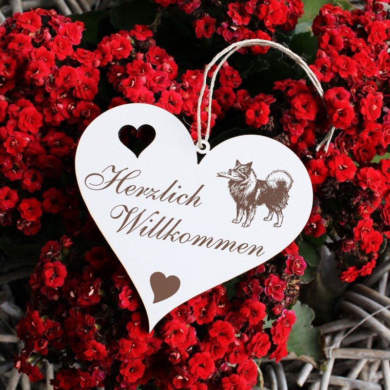 Herzlich Willkommen Sign, Wolfsspitz, Decorative Heart, Wooden Welcome Sign, Door