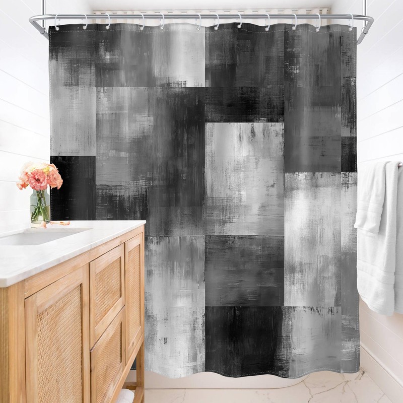 AMBZEK Grey Patchwork Shower Curtain - Modern Black and White