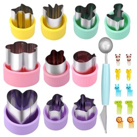 Set of 21 Vegetable Cutters, Stainless Steel Cookie Cutters Mini with Non-Slip Handle, Animal Shape, Vegetable Cutter Set, Bento Accessories Children with 1 Dual Purpose Melon Cutter + 10 Toothpicks