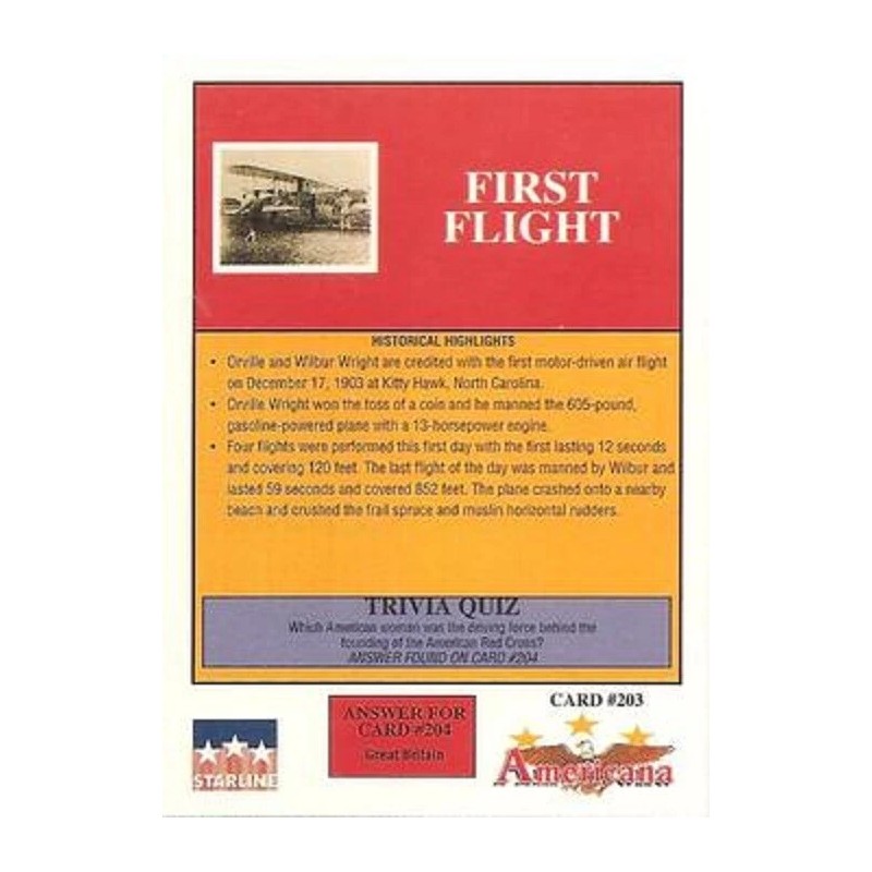 FIRST FLIGHT #203 - 1992 Americana Aviation Historical Collectible Trading