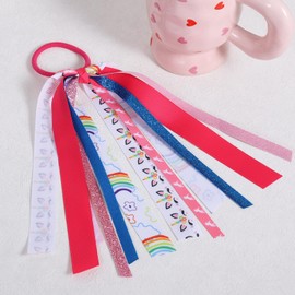 8.7in Unicorn Ponytail Streamer Glitter Rainbow Bow Pony Holder Elastic Hair Tie Band Accessories for Girls Teens Kids Women Princess Dress up Costume Birthday Party Favor Gift