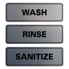 Señal de lavado estándar SANITIZE (paquete de 3), Brushed Silver, 3" x 9" - Large